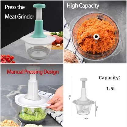 1.5L Manual Food Chopper – Speedy Hand Press Vegetable & Fruit Cutter - Plastic Body (Random Color)