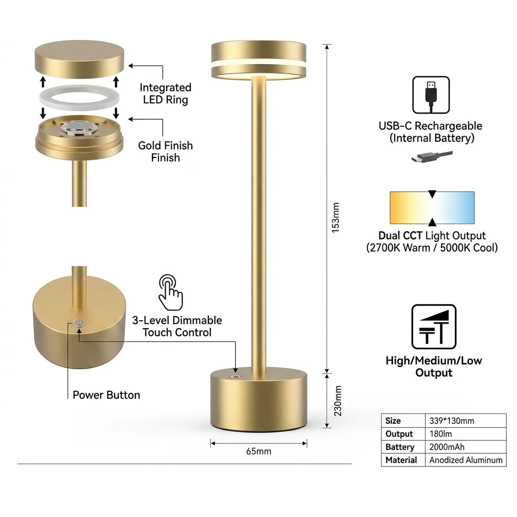 USB Rechargeable LED Night Light Desk Lamp 3 Color Touch Sensor Metal Table Lamp