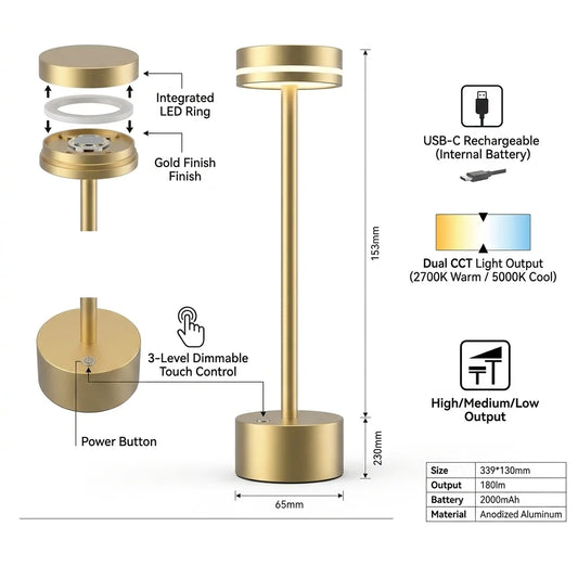 USB Rechargeable LED Night Light Desk Lamp 3 Color Touch Sensor Metal Table Lamp
